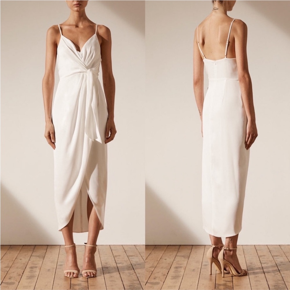 NWOT Shona Joy Luxe Tie Front Cocktail Midi Dress White Stain V-neck Wrap Bridal